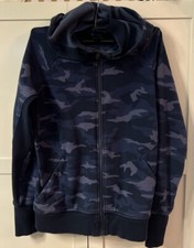 Athleta Camo Zip Up Sweatshirt Blue Medium W/ Hood Thumb Hole Sleeves Sporty