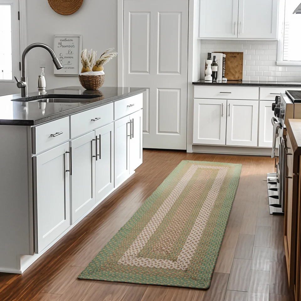 Alfombra de campo trenzada alfombra verde de granja para cocina y comedor Foto 2 de 4