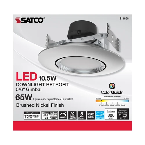Satco S11858 10.5W LED Direct Wire Downlight Gimbaled 120V CCT Brushed Nickel - Picture 4 of 9