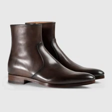 Men's Handmade Genuine Leather Boots Brown Zipper Ankle High Boots For Men