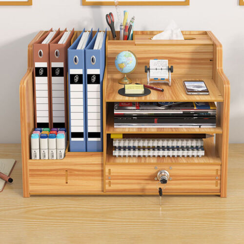 Wooden Office Desk Organiser Stationary Storage Home Tidy Storage Tabletop Unit - Picture 2 of 11