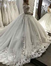 Wedding Dresses Off Shoulder Long Sleeve Train Lace Bridal Gowns With Appliques
