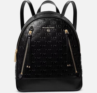 MICHAEL KORS Brooklyn logo monogram front zips women's small backpack in Black