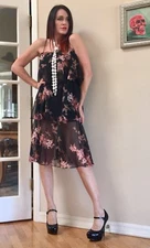 VTG 70s Sheer Chiffon Floral tiered Ruffle flapper MIDI dress