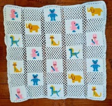 Vintage Handmade Crochet Multicolor Baby Blanket Bunny Cat Teddy Bear 36"x40"