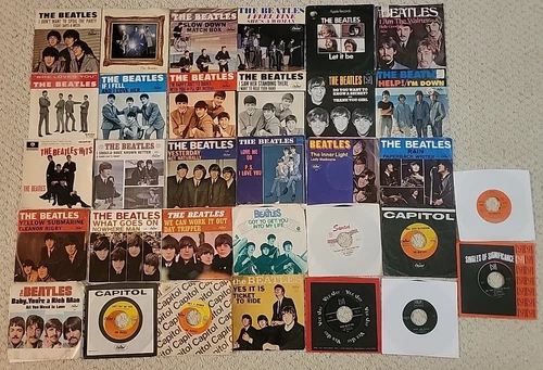 Beatles 45 rpm LOT of 32 Records Capitol VEEJAY SWAN TOLLIE Pic Sleeves &Records