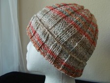 Hand knitted elegant warm beanie/hat, tan and peach tones small