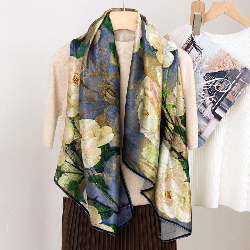 100% Mulberry Silk Wrap Shawl Bandanna Shawl Flower Print Square Scarf 43