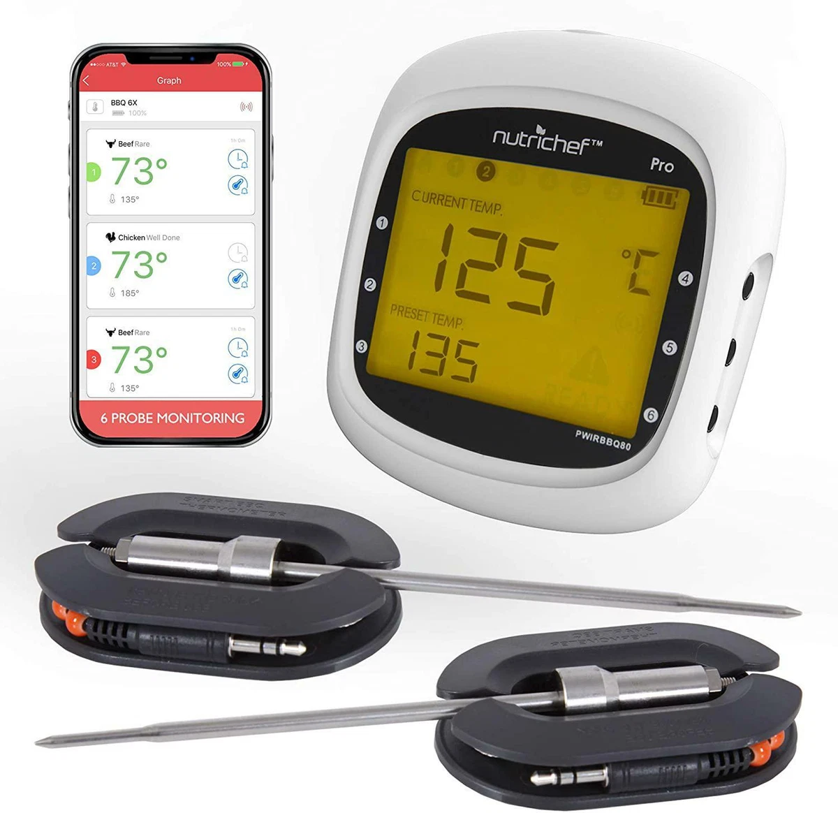 Wireless Bluetooth BBQ Digital Thermometer - Upgraded Stainless Smart, Nutrichef