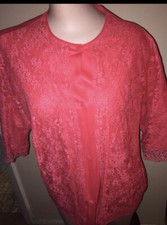 Vintage Nylon Red Vanity Fair Bed Jacket with 3/4 Sleeves Lace Overlay Sz 36 / M