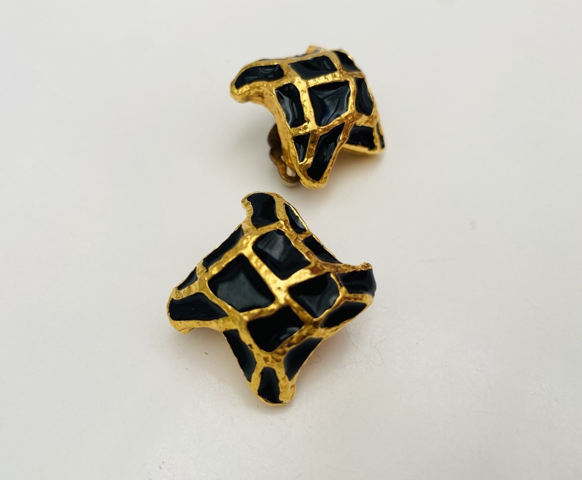 Boucles D'oreilles ALEXIS LAHELLEC Années 90 - Émaux Doré Et Noir, Clips, Stock Neuf D'époque