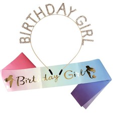 Birthday Girl Headband Tiara Crown for Women with Mermaid Sash Gold Princess ...