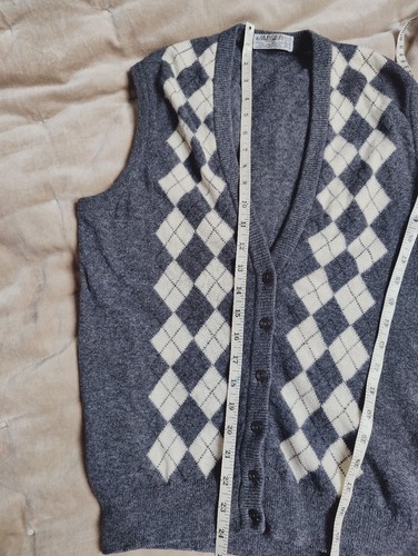 Vintage Lambswool Jaeger Button Vest Argyle V Neck Sleeveless Vest Jumper Grey - Picture 7 of 9