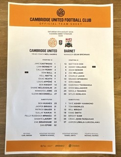 Cambridge United v Barnet Carabao Cup 1st Round Team Sheet 8th August 2026
