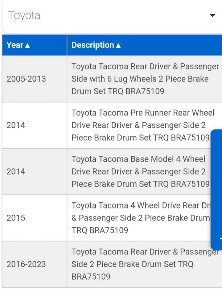 Tambores Tacoma Toyota Tacoma Tambores de freno/traseros izquierda y derecha. Nuevo #BRA75109 Foto 2 de 4