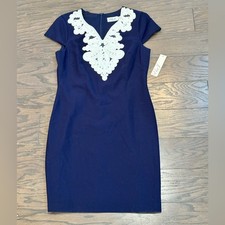 Eliza J Passementerie Trim Navy Sheath Dress Size 10 NWT