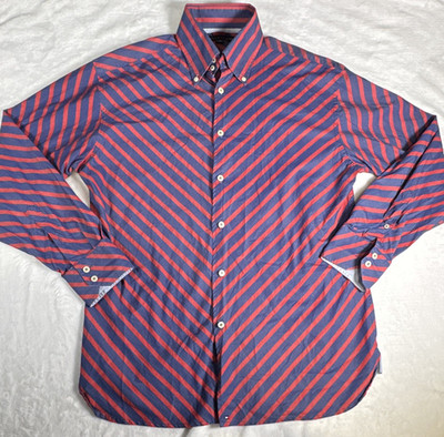 Tommy Hilfiger Men s M Blue Red Striped Woven Cotton Button-Down Shirt LS #0002