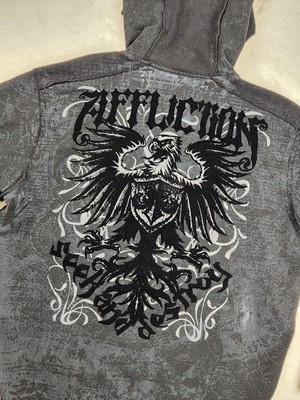 Vtg Affliction Y2K Rare Full Zip Hoodie XL Distressed Eagle Seek & Destroy AOP 