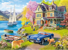 500 Pieces Puzzle for Adults,Lake Vacation Puzzle,House and Dogs Landscape Jigsa