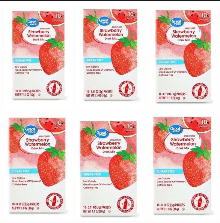 6 BOXES - Great Value Strawberry Watermelon Drink Mix Sugar FREE - 60 PACKETS