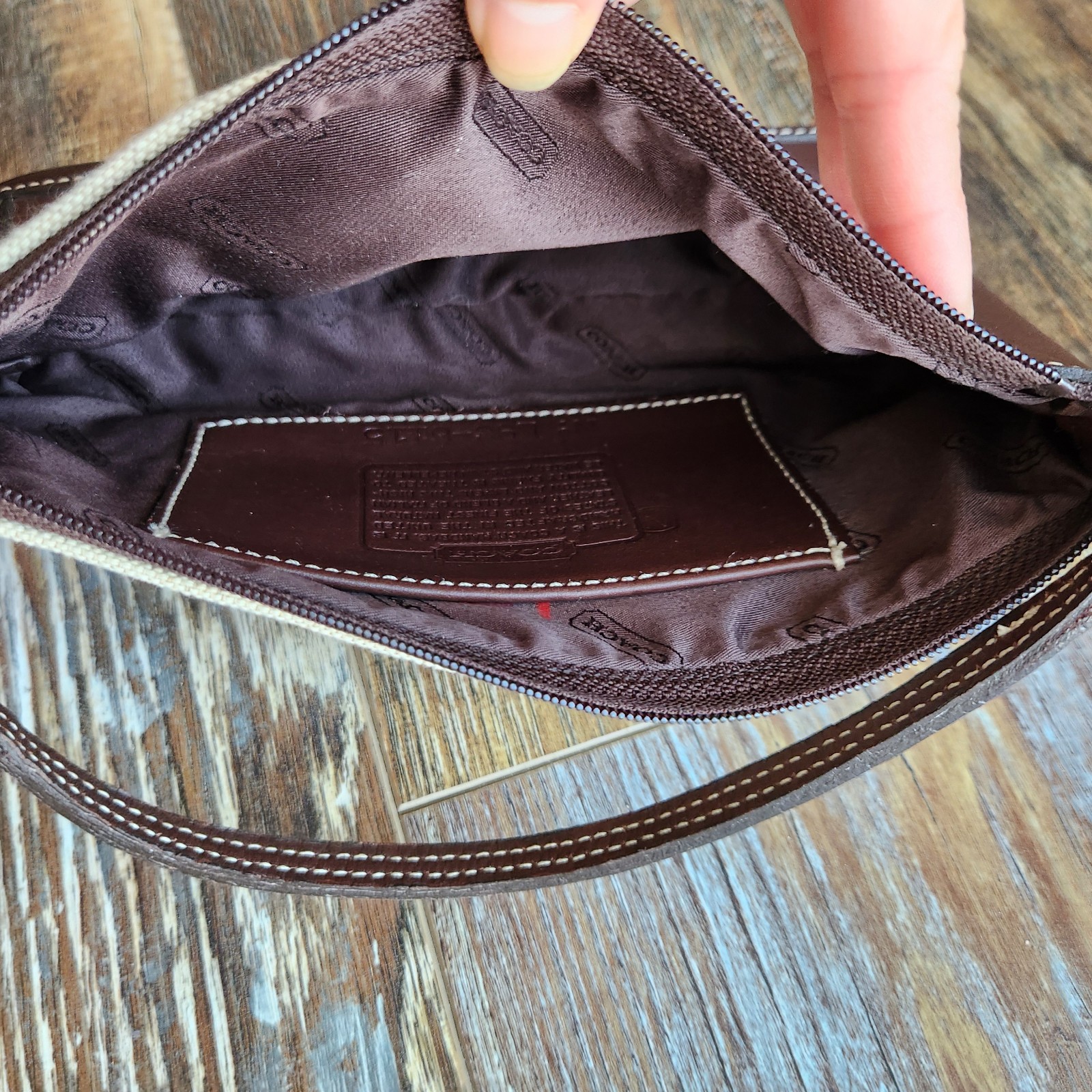 Vintage Coach Italian Cotton Linen Leather Mini Pochette Wristlet Bag Mad in USA thumbnail 10