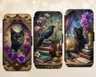Handyhülle Rabe Krähe schwarze Katze Gothic für iPhone Samsung Pixel Flip Wallet Geschenk