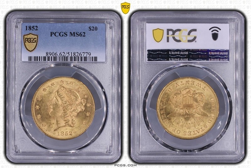 1852  $20 Gold Double Eagle  PCGS 62 Secure Label  Free Ship USA Only