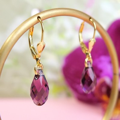 Ohrringe Gold Amethyst Tropfen Marken Kristalle 925 Sterling Silber Bordeaux ...