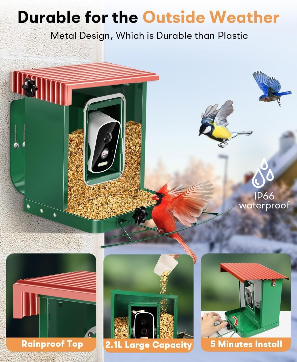 AI-Powered Bird Feeder with Camera - 2.1L Metal Design & Live Notifications