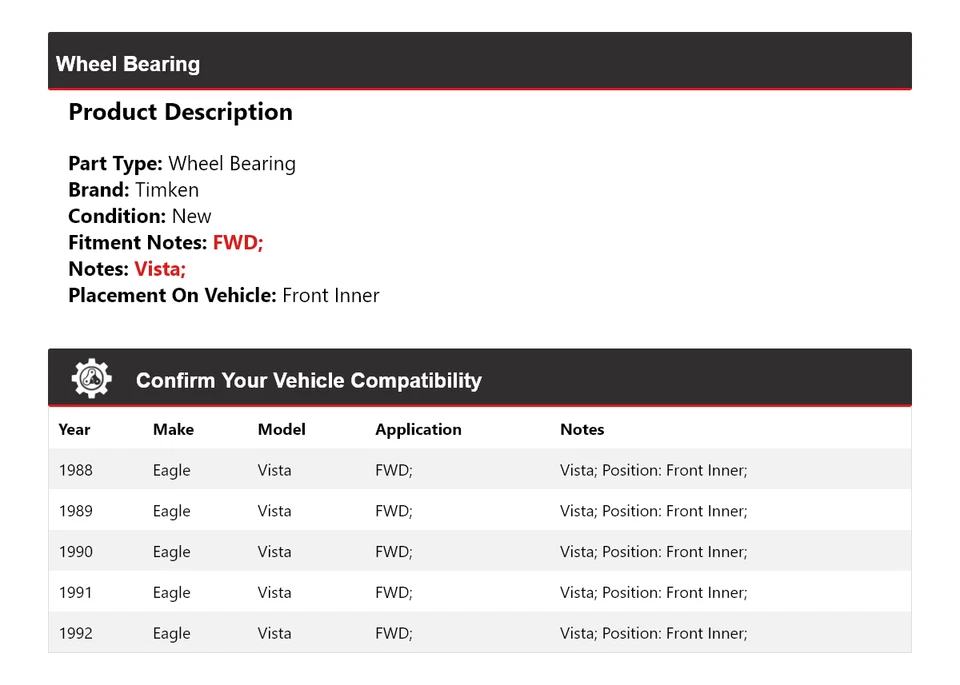 For 1988-1992 Eagle Vista FWD Wheel Bearing Front Inner Timken 1989 1990 1991 - Image 2 of 4