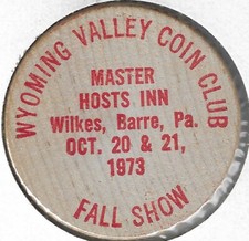 1973, Wyoming Valley Coin Club FALL, Wilkes-Barre Pennsylvania RED Wooden Nickel