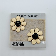 Daisy Pierced Earrings 14K GF Posts Enamel Tan Black Goldtone Petals