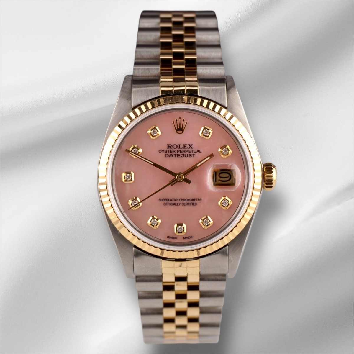 Rolex Datejust 36mm Yellow Gold Fluted Pink Mop Diamond Dial
