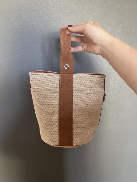 Authentic HERMES Toile Ash Saxo PM Hand Bag~Beige Used With Small Scratches.