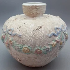 Napco Coarse Textured Vase Pastels Rose Garland & Bow Vessel 7" Pottery Thailand