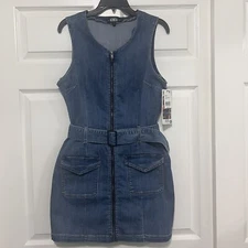 Rewash Juniors Denim Zip-Up Belted Dress Large NWT Sleeveless Pockets
