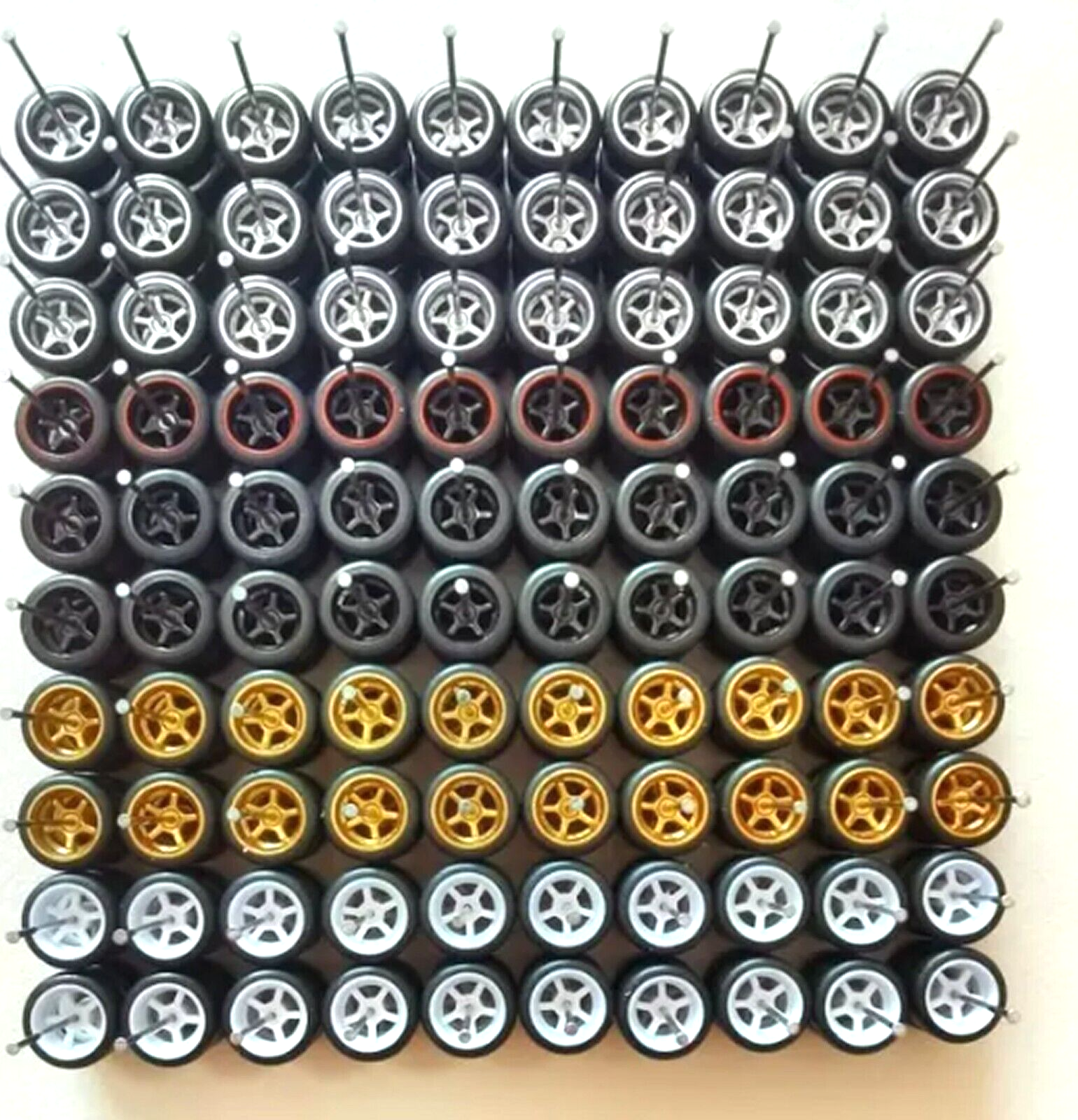 1:64 50 SETS of Custom WHEELS and RUBBER Tyres 5 spoke JDM style Fit hotwheels-image