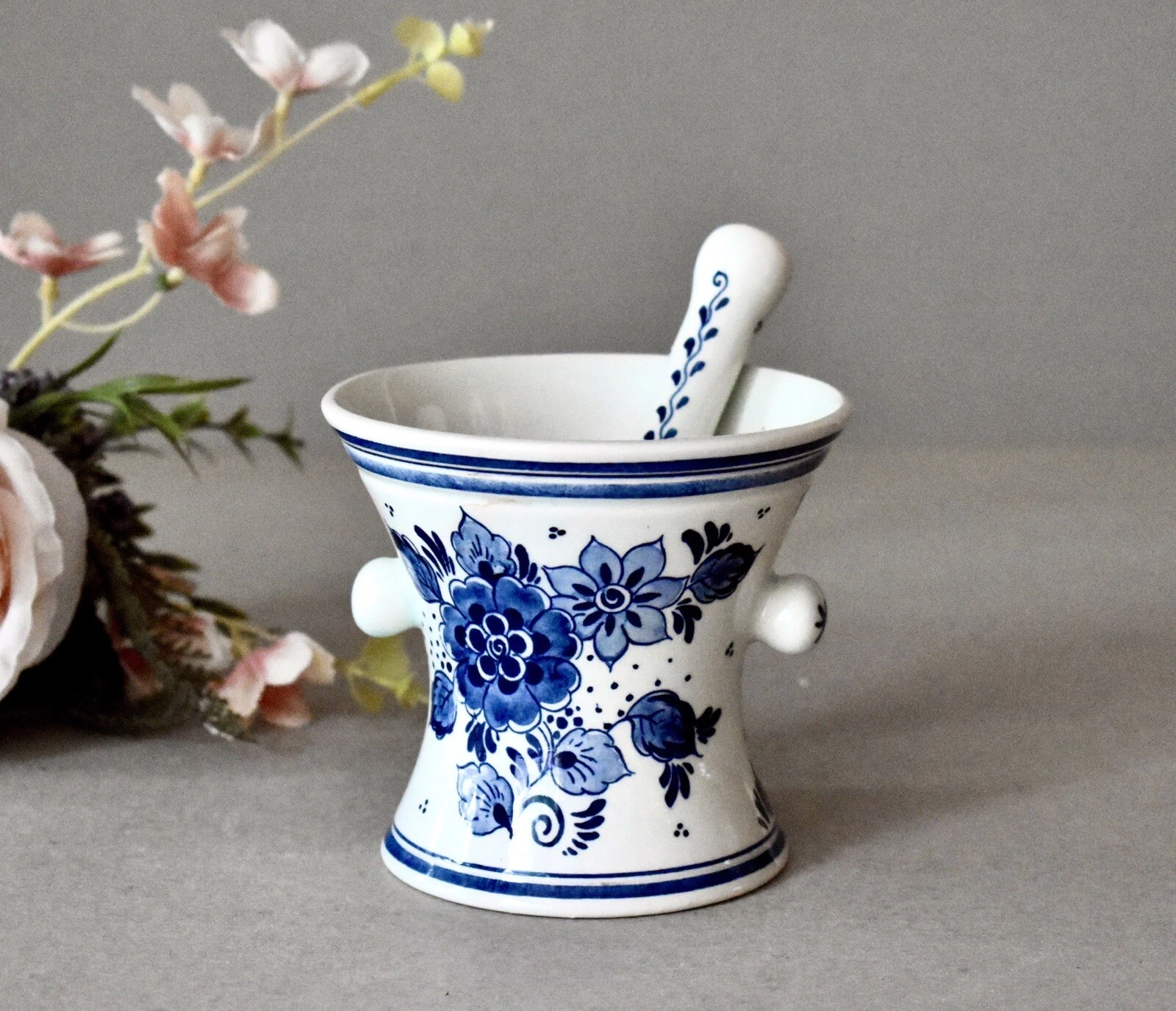 Vintage Porcelain Mortar Delft Blue Spice Mixed Bowl Home Decor