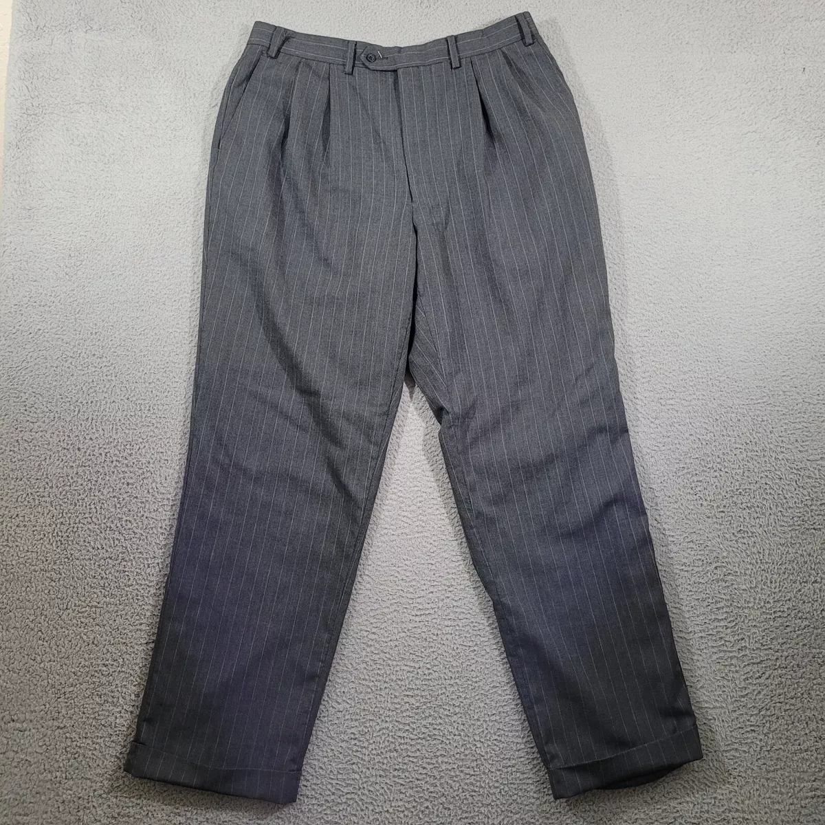 Chaps Pants Mens 33X32 Gray Striped Wool Dress Pants Cuffed Pleated Trousers