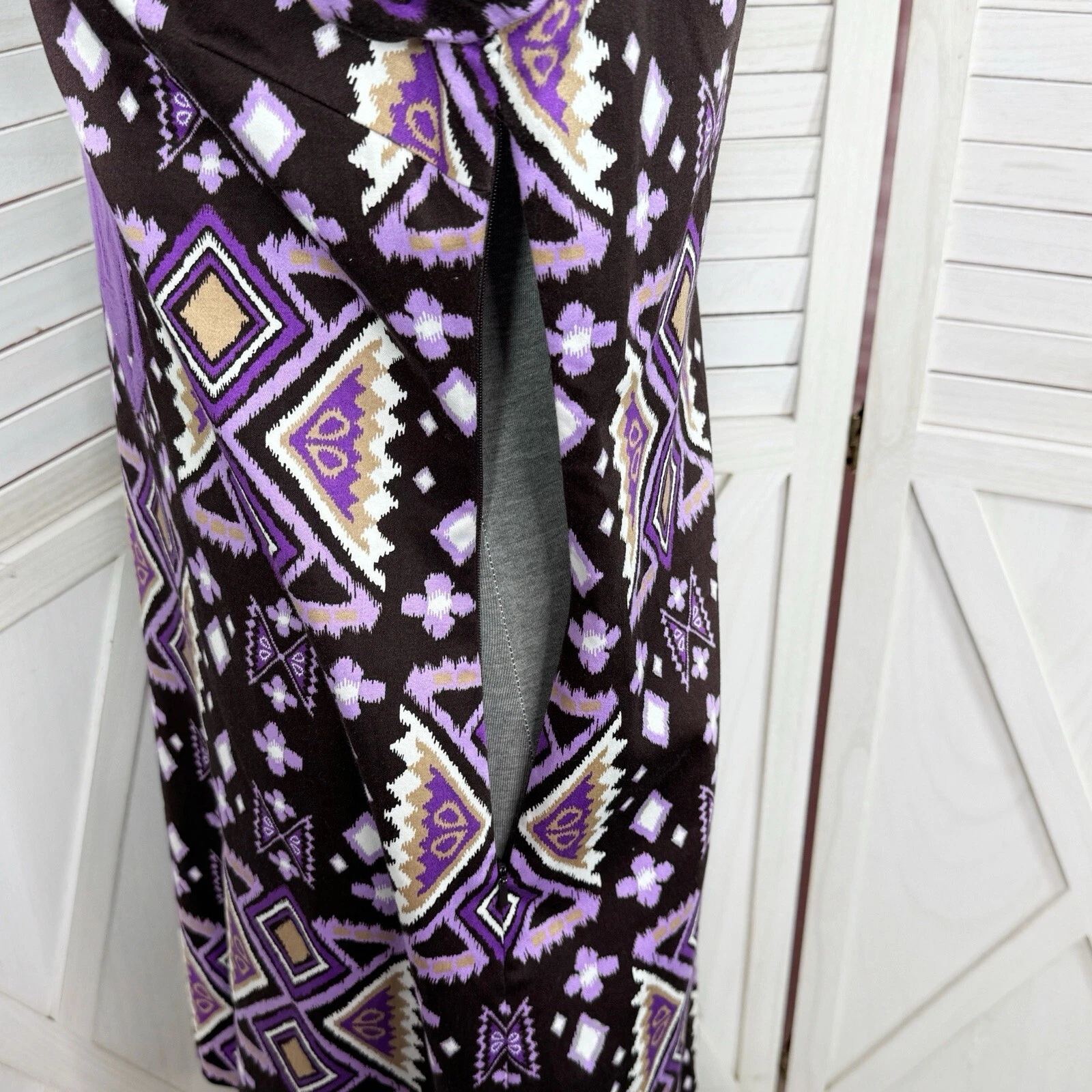 Abito Tory Burch donna 6 viola marrone Ikat stampa tribale cotone caftano tunica boho