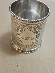 1854 TIFFANY & CO. GROSJEAN & WOODWARD STERLING SILVER  MUG W/ JEWELERS BAG