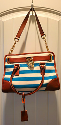 Michael Kors Blue/White Striped Satchel Top Handle Bag Lock & Key Gold Hardware