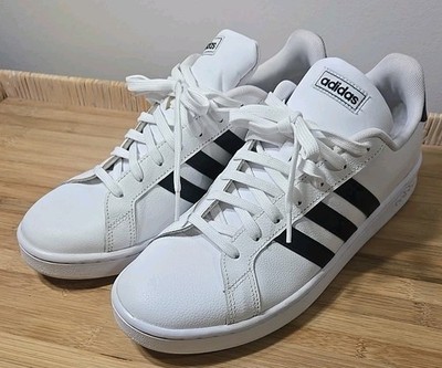 Adidas Mens Size 11.5  White Black Stripes Leather Lace Up Ankle Casual Sneakers