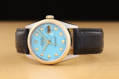 ROLEX DATEJUST 16233 AQUA BLUE DIAMOND 18K GOLD STEEL WATCH w