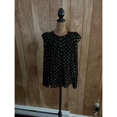 LOFT Womens XS Black Metallic Clip Dot Ruffle Flutter Sleeve Blouse Top Holiday