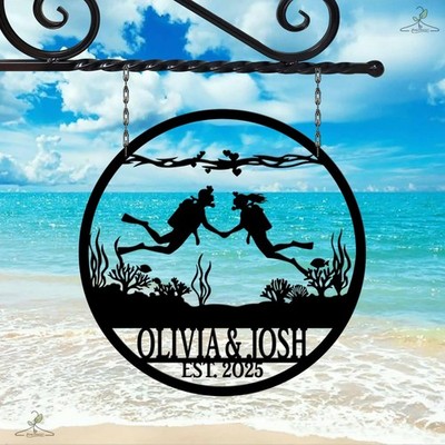 Personalized Scuba Diving Couple Sign, Custom Beach Metal Wall Decor