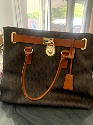 Michael Kors Hamilton Brown Monogram Large Satchel Top Handle Lock, Strap