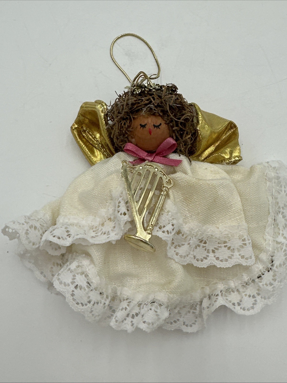 vintage handcrafted angel  with Harp Christmas ornament gold Wings