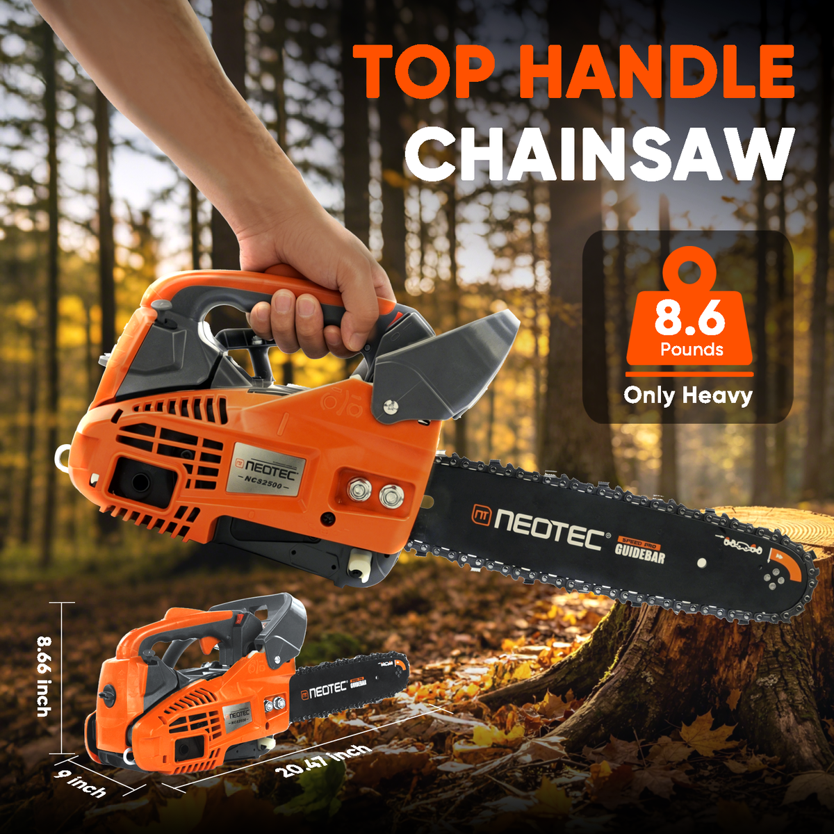 25.4cc Gas Top Handle Chainsaw with 12'' Bar Chain 2-Stroke Engine