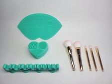 5 Pc Makeup Brush Set Rose Gold w/travel pouch  3 Pc Brush Cleaner Mat  Holder